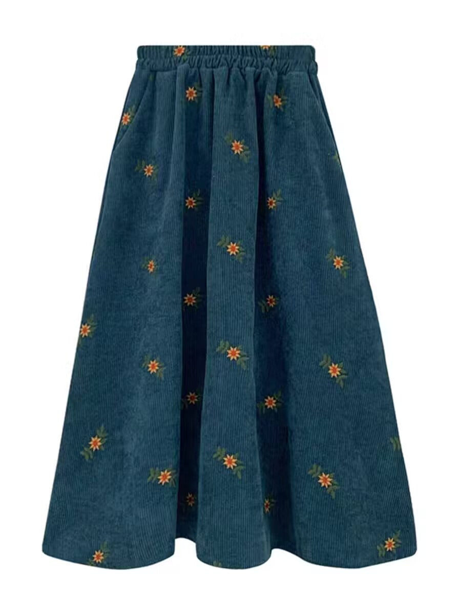 Women Vintage Corduroy Embroidered Floral High-Waist Thick A-Line Skirt