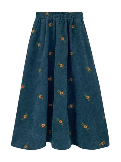 Women Vintage Corduroy Embroidered Floral High-Waist Thick A-Line Skirt