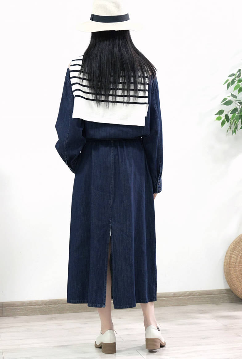 Retro Denim Comfortable Blue Lapel Loose Lace-Up A-Line Dress