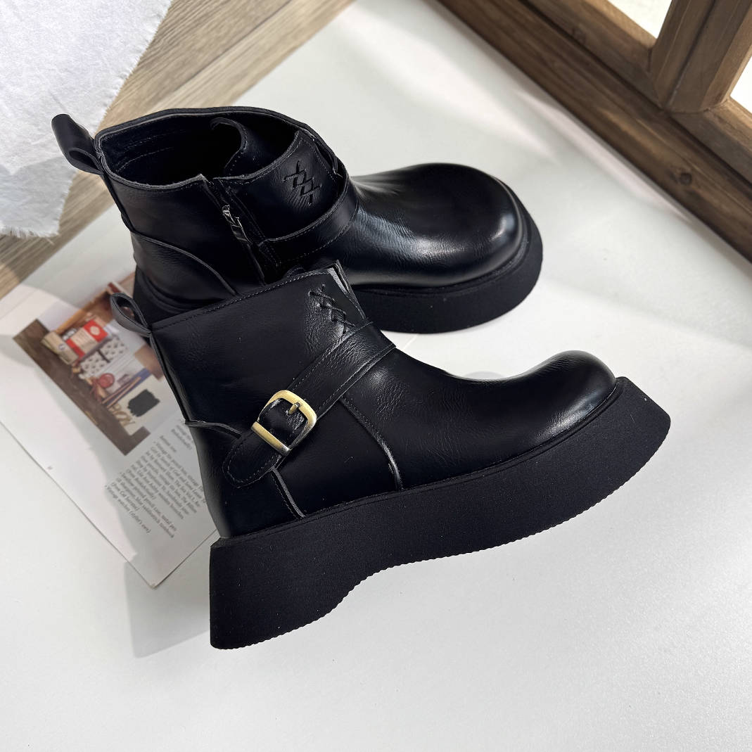 Women Retro Leather Platform Warm Versatile Zipper Ankle Boots
