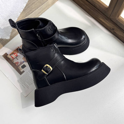 Women Retro Leather Platform Warm Versatile Zipper Ankle Boots