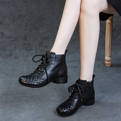Women Retro Cowhide Round Toe Woven Lace-Up Chunky Boots