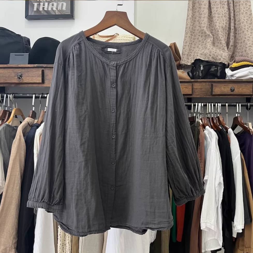 Round Neck Cotton Linen Loose Single-Breasted Shirt