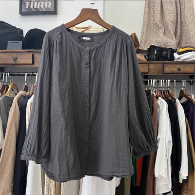 Round Neck Cotton Linen Loose Single-Breasted Shirt