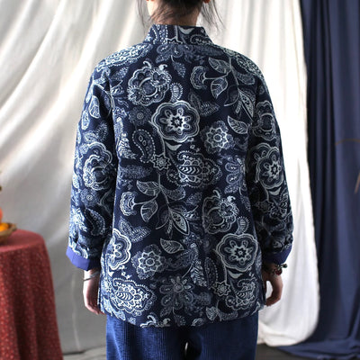 Women Winter Vintage Floral Quilted Cotton Buttoned Jacket