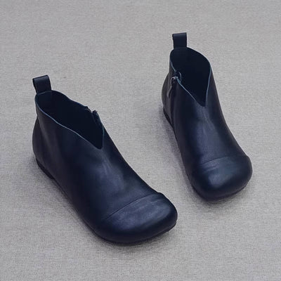 Women Cowhide Casual Soft Flat Sole Zipper Ankle Boots