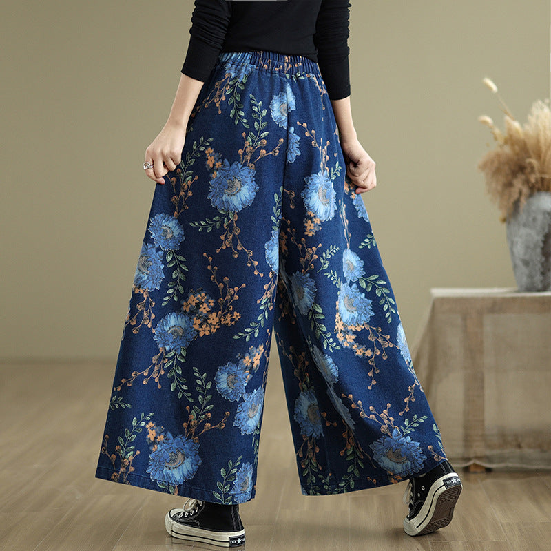 Babakud Women Spring Vintage Denim Printed Floral Wide-Leg Pants