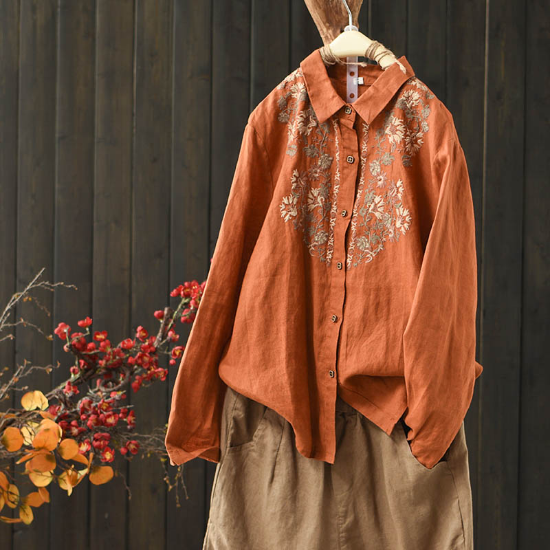 Women Vintage Embroidered Floral Casual Linen Shirt