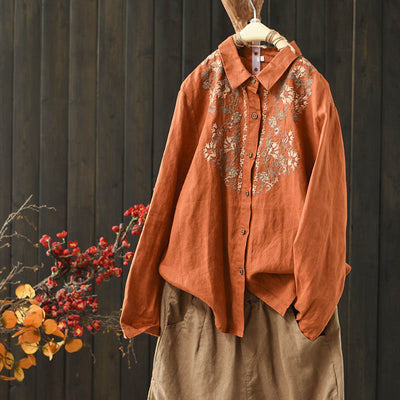 Women Vintage Embroidered Floral Casual Linen Shirt