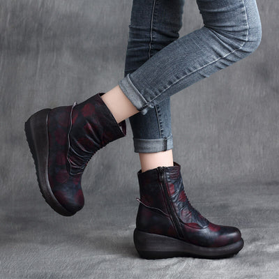 Babakud Women Autumn Winter Retro Leather Thick- Soled Wedge Heel Boots