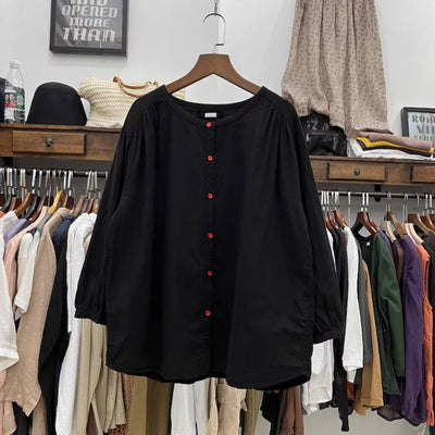 Round Neck Cotton Linen Loose Single-Breasted Shirt