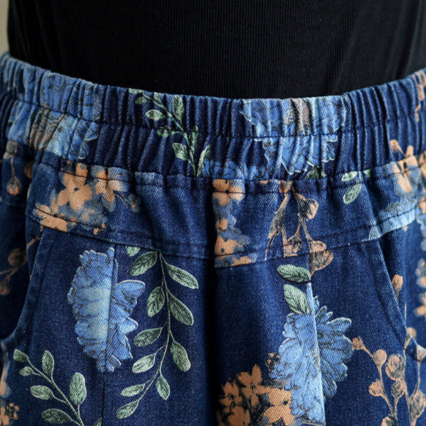 Babakud Women Spring Vintage Denim Printed Floral Wide-Leg Pants
