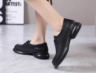 Autumn Leather Casual Wide Round Toe Lace-Up Chunky Shoes