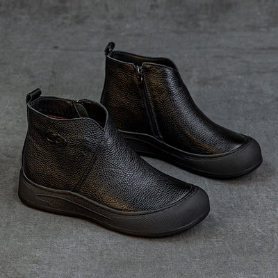 Women Retro Leather Soft Flat Sole Round Toe Zipper Ankle Boots