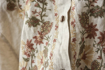 Women Vintage Embroidered Floral Casual Linen Shirt