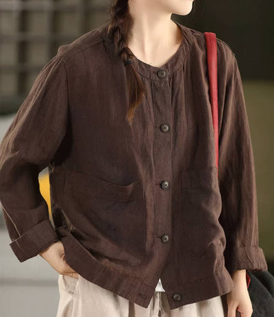 Retro 100% Linen Round Neck Single-Breasted Pockets Shirt