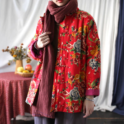 Women Winter Vintage Floral Quilted Cotton Buttoned Jacket