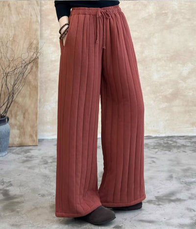 Winter Warm Cotton Thick Striped Elastic Waist Lace-Up Pants