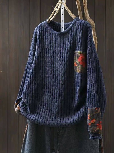 Women Winter Contton Knitted Patchwork Round Neck Sweater