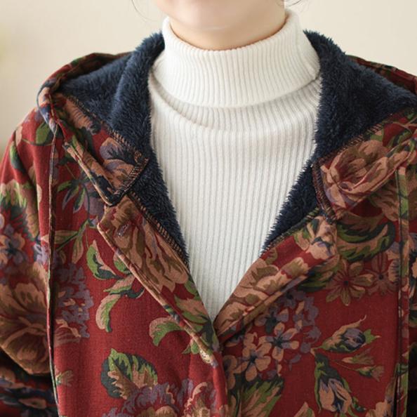 Women Winter Vintage Floral Fleece-Lined Trench Cotton Long Coat