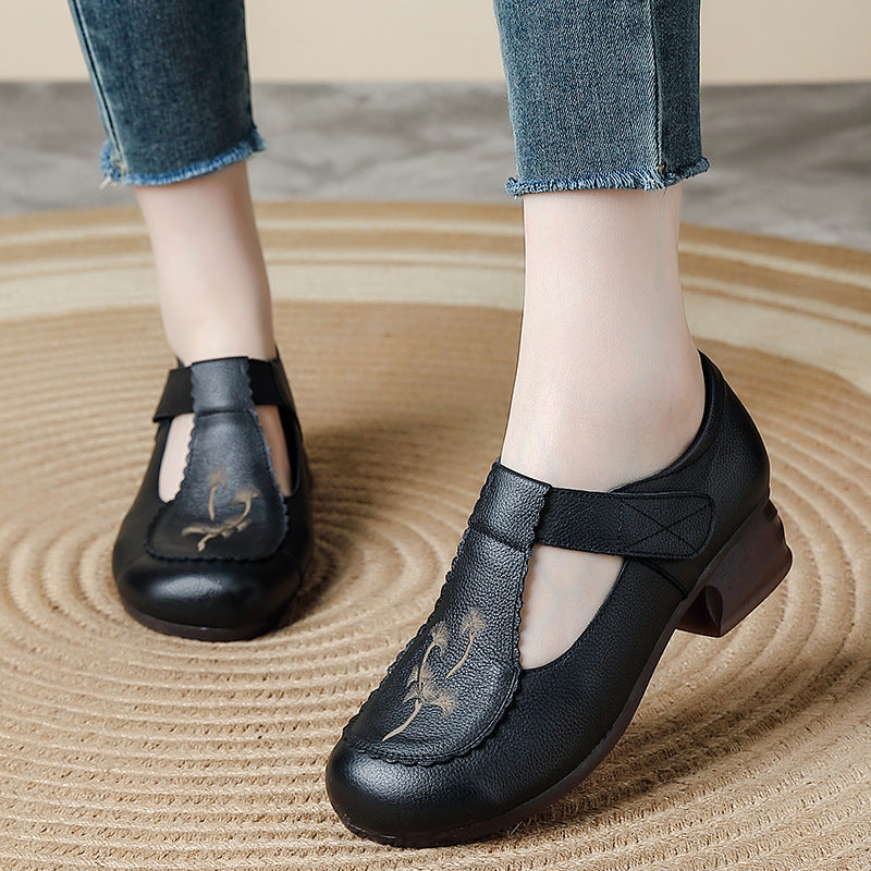 Genuine Leather Round Toe Floral Printed Cut Out Velcro Chunky Shoes