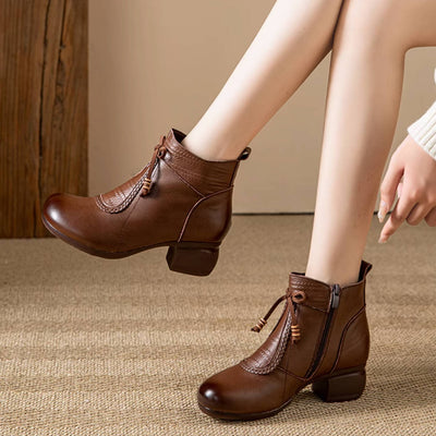 Ethnic Style Leather Chunky Heel Round Toe Side Zipper Boots