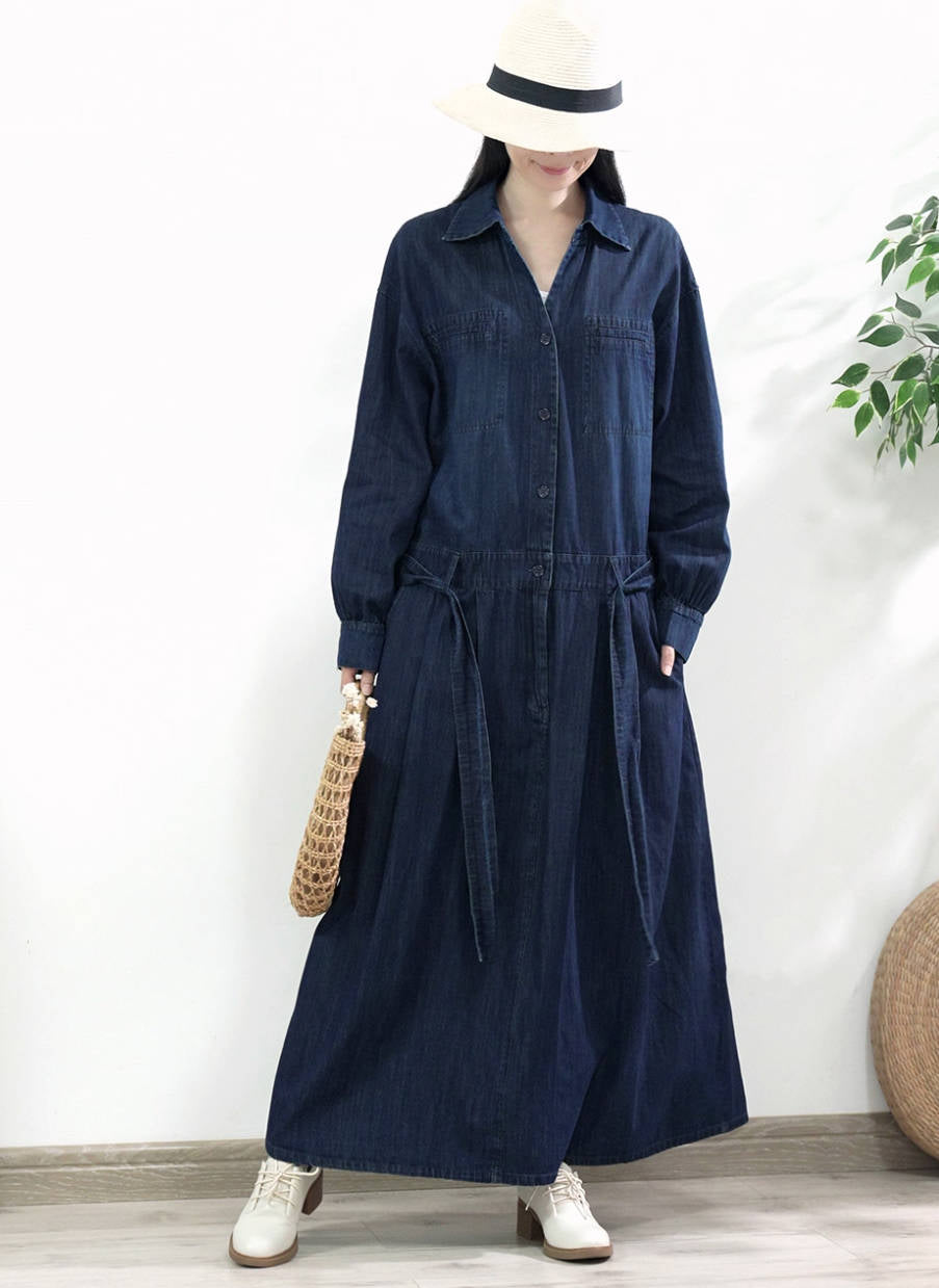 Retro Denim Comfortable Blue Lapel Loose Lace-Up A-Line Dress
