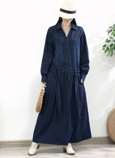 Retro Denim Comfortable Blue Lapel Loose Lace-Up A-Line Dress