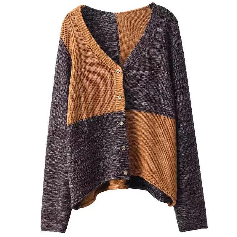 Women Winter Vintage V-Neck Colorblock Cotton Wool Sweater