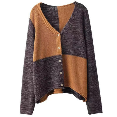 Women Winter Vintage V-Neck Colorblock Cotton Wool Sweater