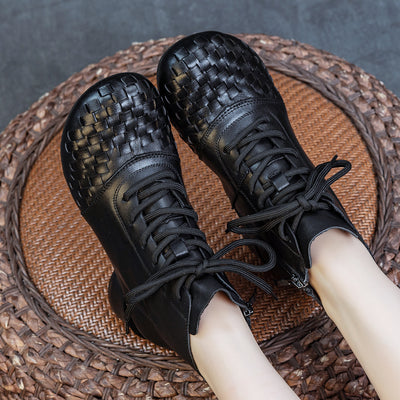 Women Retro Cowhide Round Toe Woven Lace-Up Chunky Boots