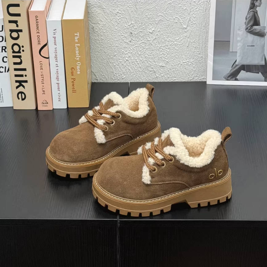 Women Retro Leather Sueded Thick Sole Platform Plush Warm Shoes