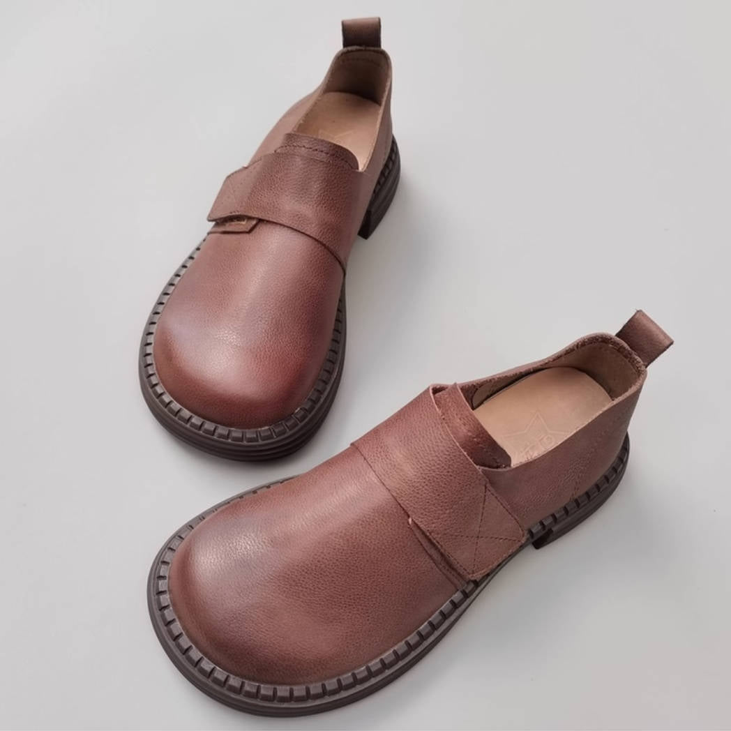 Ballerines souples en cuir véritable, bout rond et large, grandes tailles, à scratch