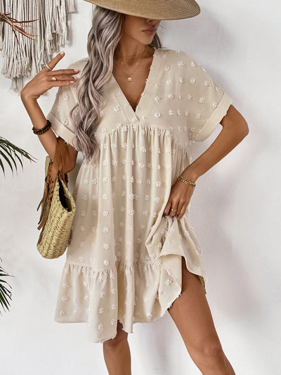 Casual V-Neck Solid Color Loose Roll-Up Sleeve Ruffled Dress