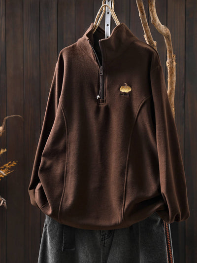Warm Cotton Stand Collar Embroidered Zipper Neck Long Sleeves Tops