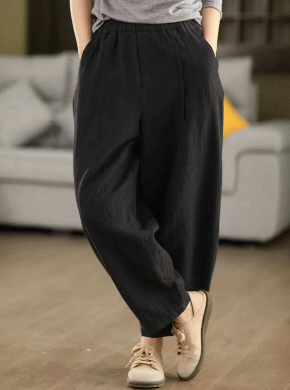 Retro Linen Washed Cotton-In Elastic Waist Harem Pants