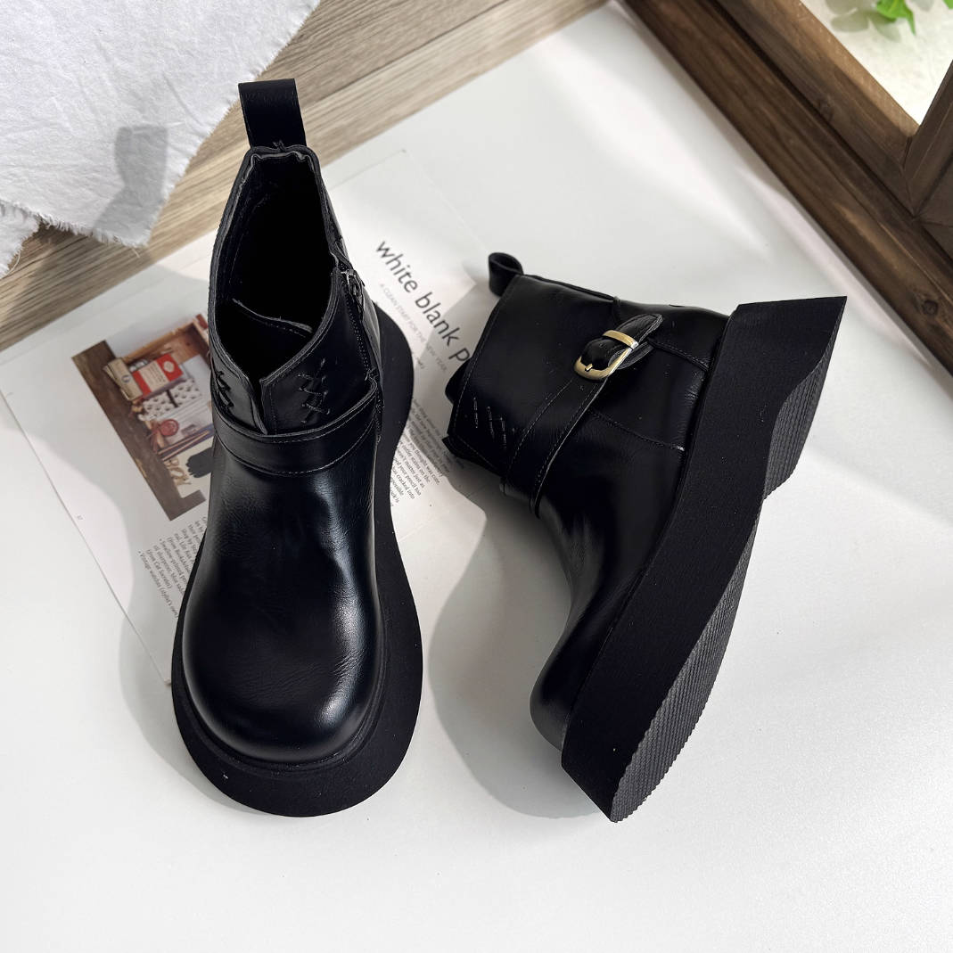 Women Retro Leather Platform Warm Versatile Zipper Ankle Boots
