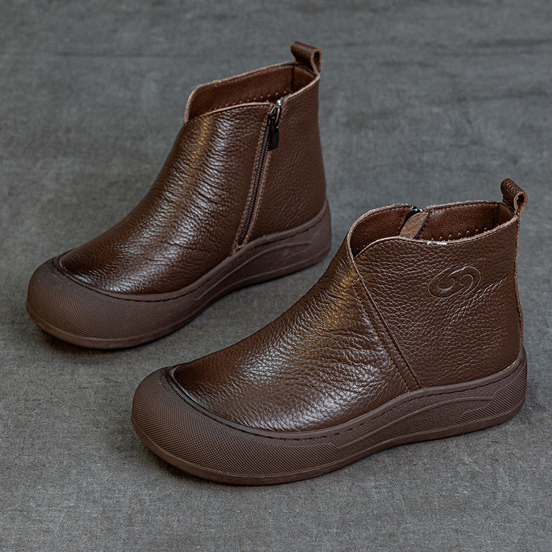 Women Retro Leather Soft Flat Sole Round Toe Zipper Ankle Boots