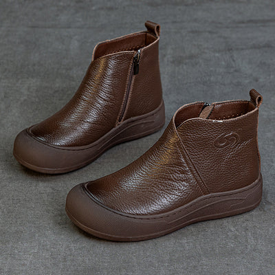 Women Retro Leather Soft Flat Sole Round Toe Zipper Ankle Boots