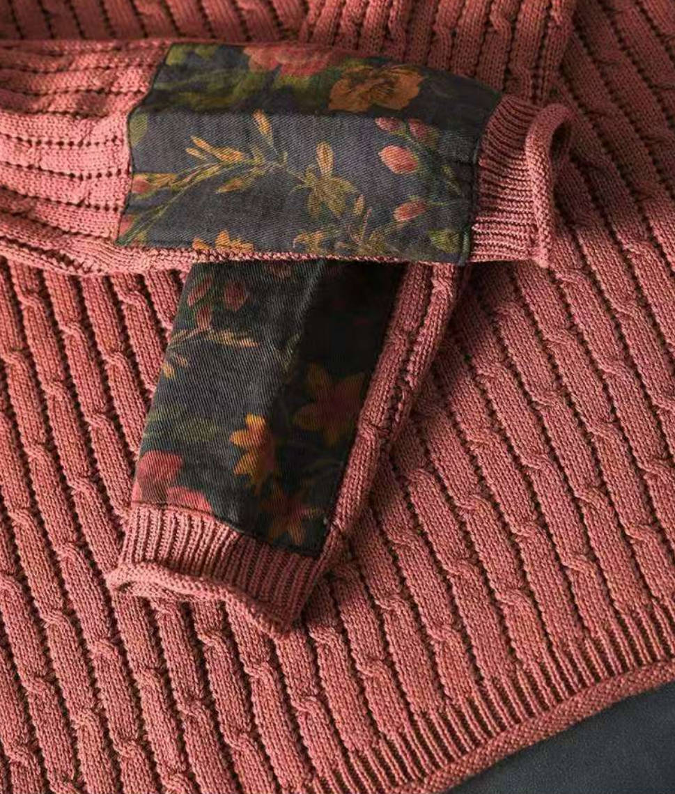 Women Winter Contton Knitted Patchwork Round Neck Sweater