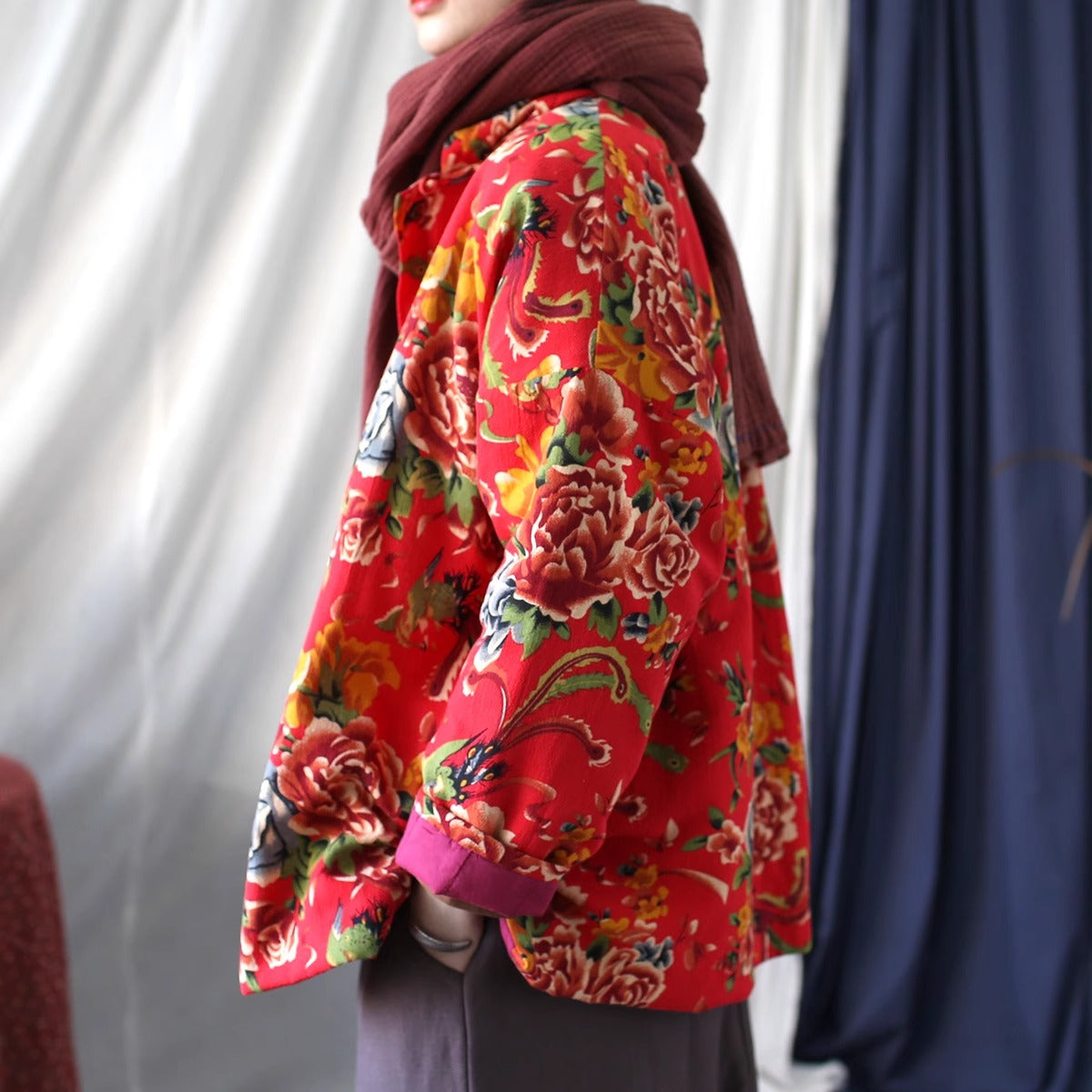 Women Winter Vintage Floral Quilted Cotton Buttoned Jacket