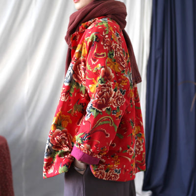 Women Winter Vintage Floral Quilted Cotton Buttoned Jacket