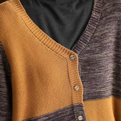 Women Winter Vintage V-Neck Colorblock Cotton Wool Sweater