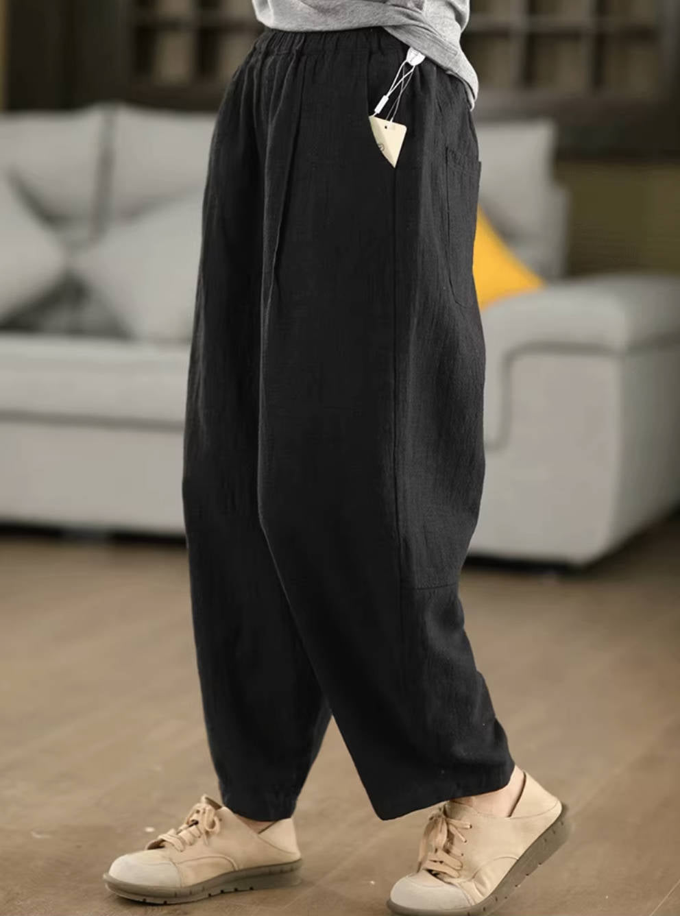 Retro Linen Washed Cotton-In Elastic Waist Harem Pants