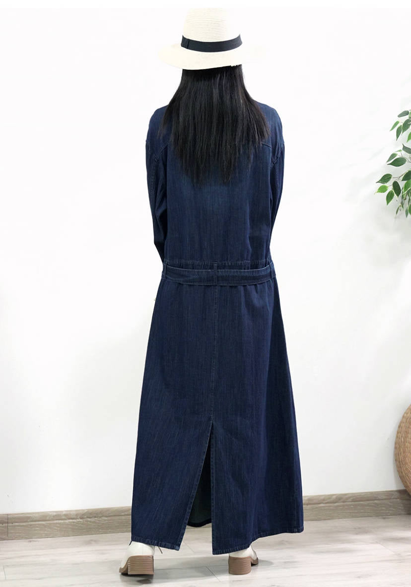 Retro Denim Comfortable Blue Lapel Loose Lace-Up A-Line Dress