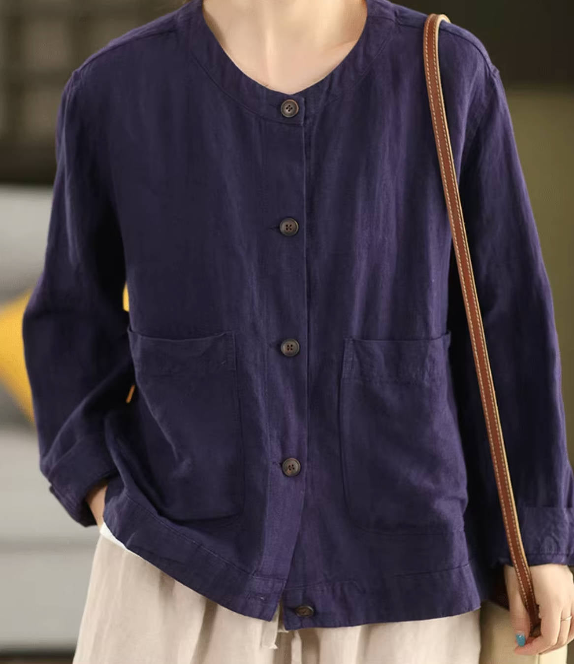 Retro 100% Linen Round Neck Single-Breasted Pockets Shirt