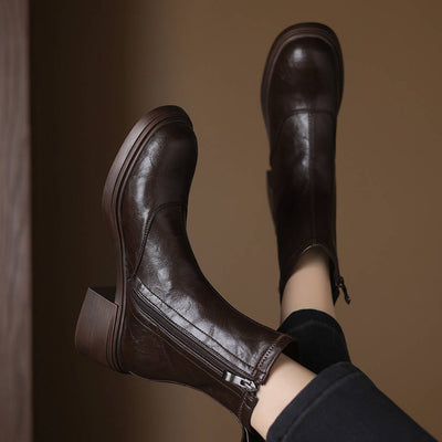 Elegant Autumn Winter Leather Chunky Versatile Boots