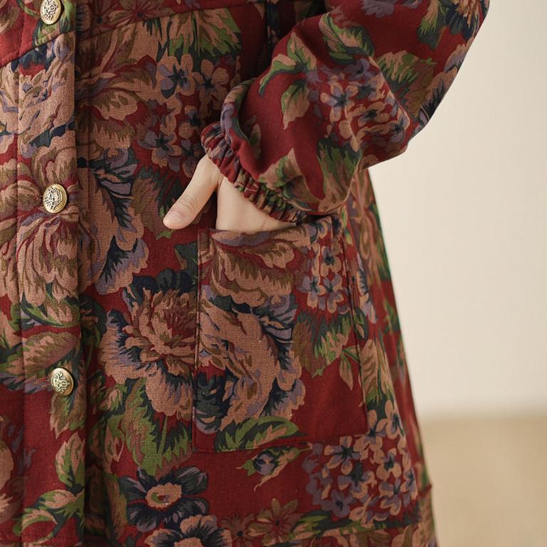 Women Winter Vintage Floral Fleece-Lined Trench Cotton Long Coat