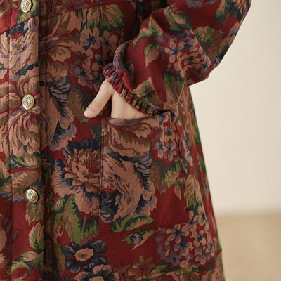 Women Winter Vintage Floral Fleece-Lined Trench Cotton Long Coat