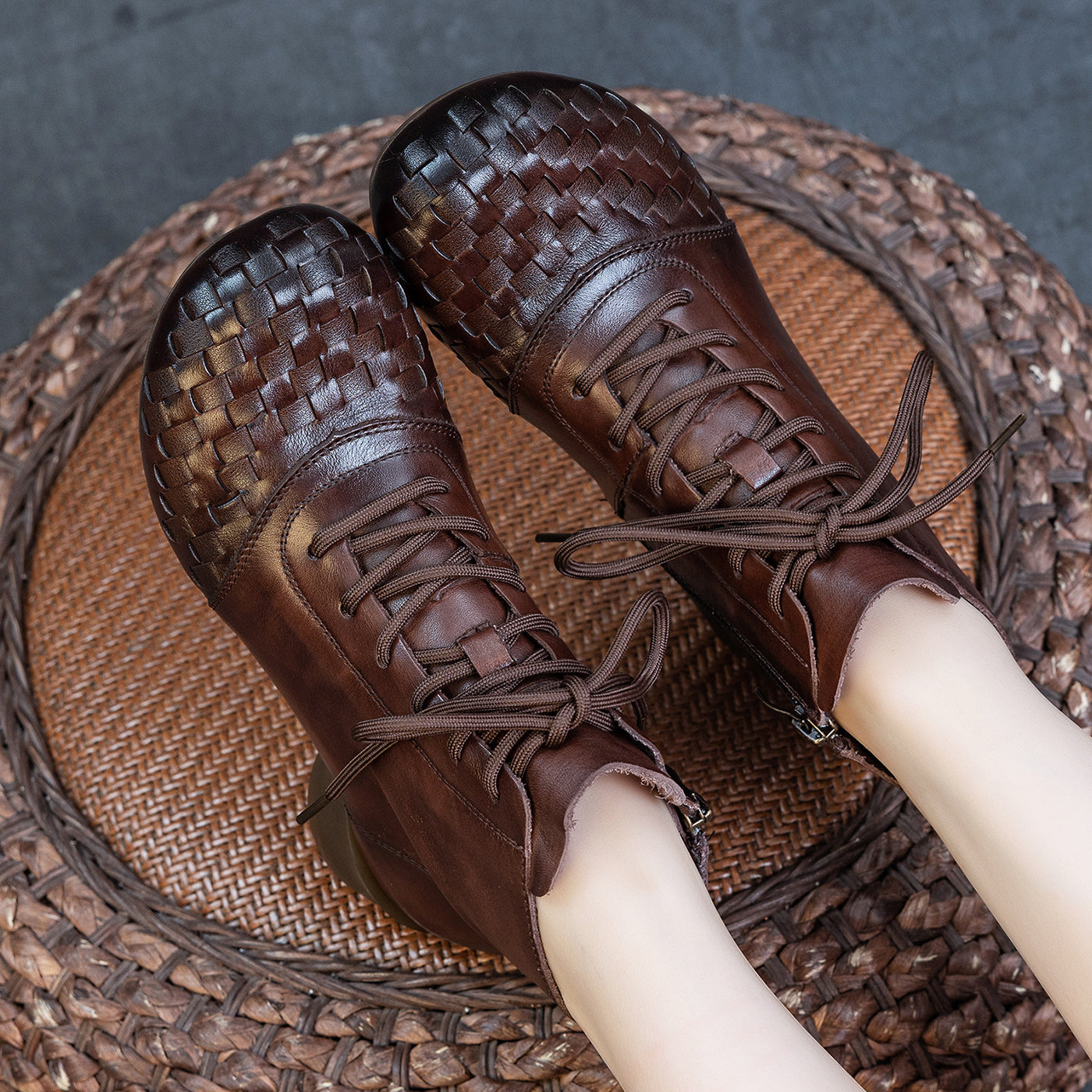 Women Retro Cowhide Round Toe Woven Lace-Up Chunky Boots